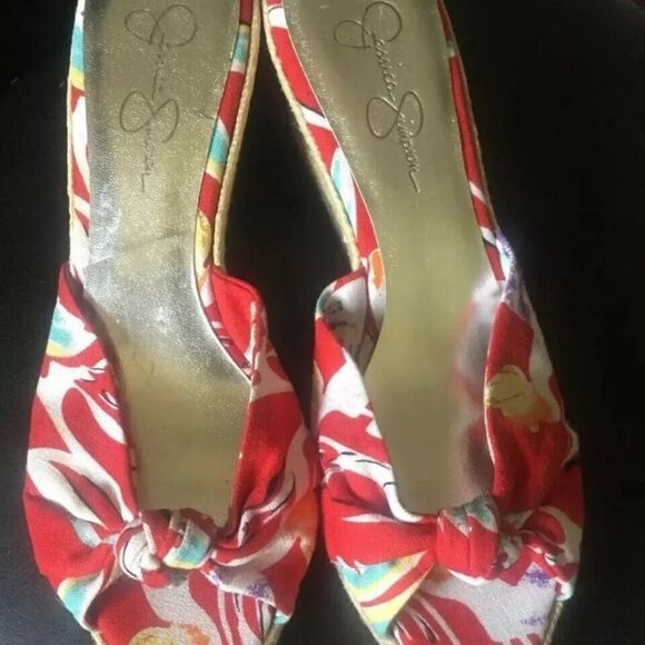 Jessica Simpson’s Red Floral Straw Wedge Sandals For Women Size 9.5 - Picture 3 of 6